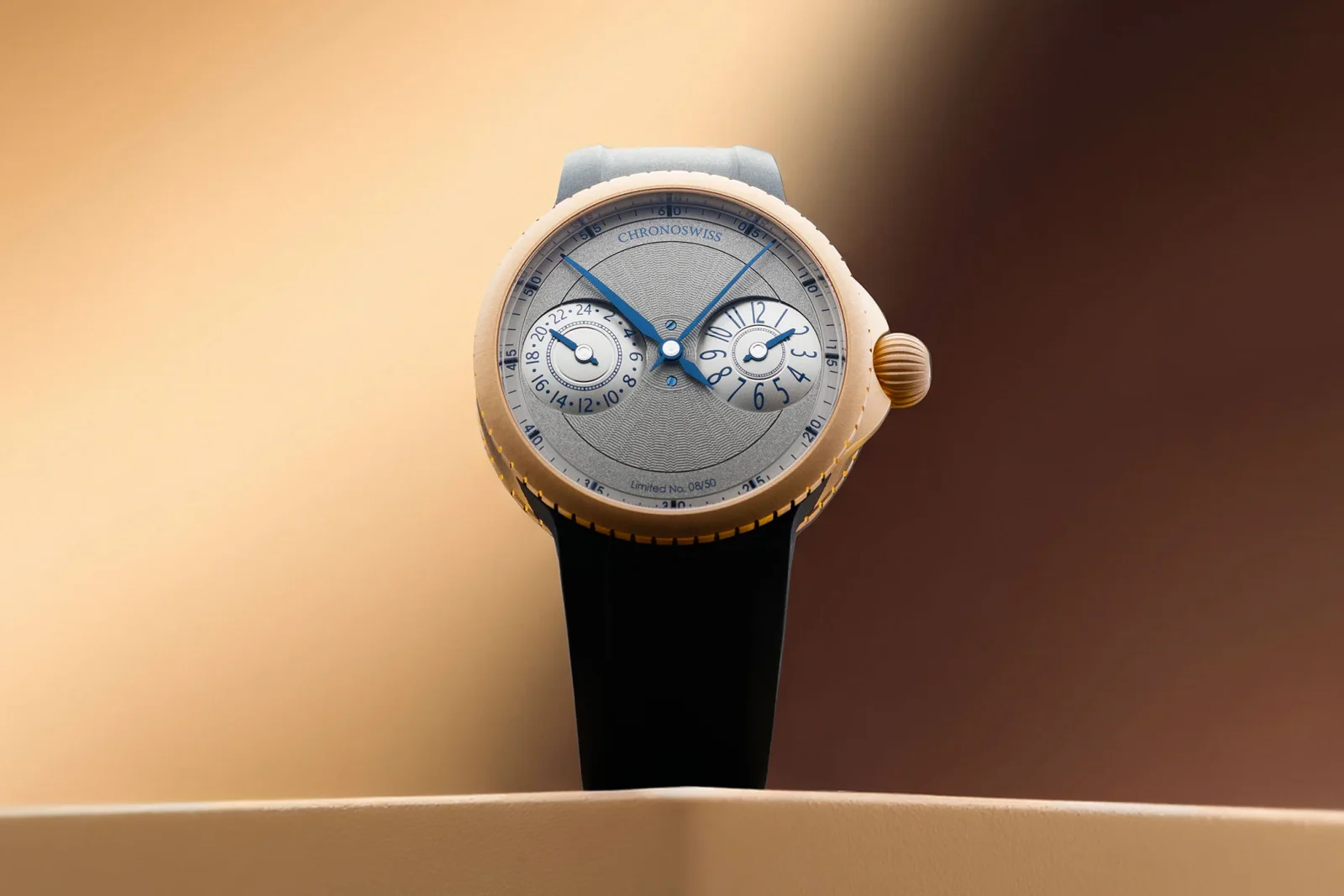Chronoswiss Pulse GMT Frosted Guilloché Gold: 18k Red Gold, Rubber Strap, 50‑Piece Limited Edition