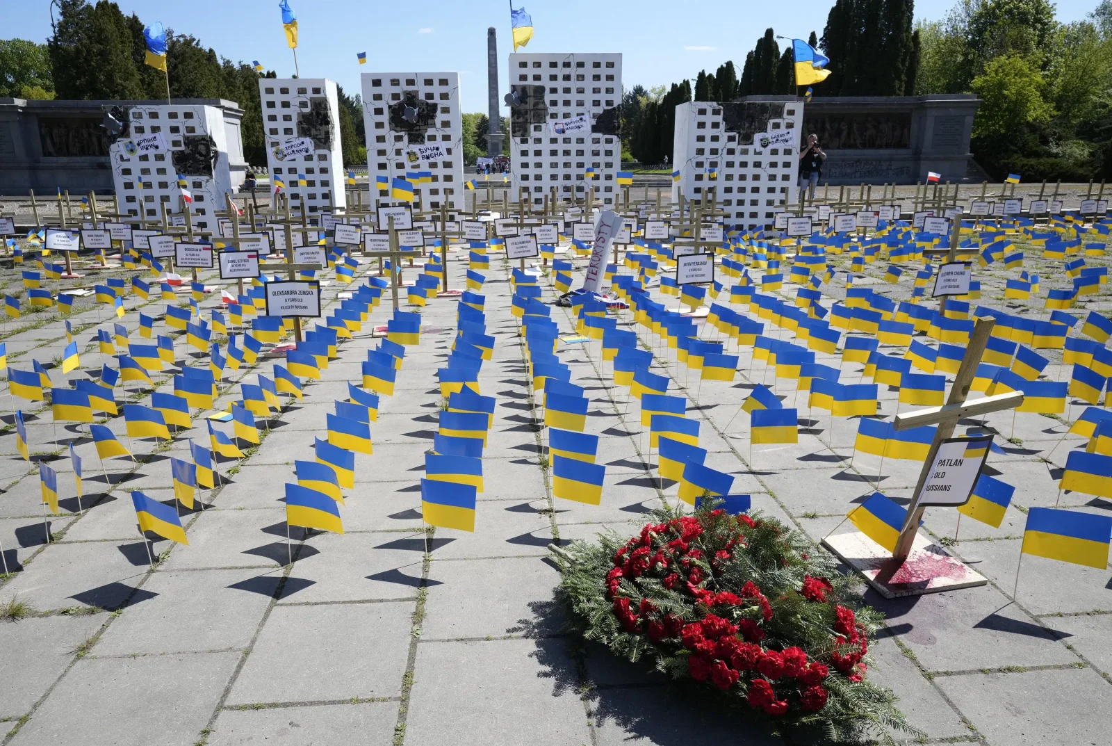 Ukraine's Victory Day: Flags Block Russian Ambassador's Path.
