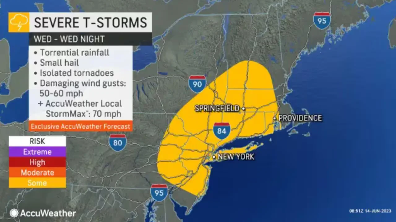 Severe thunderstorms threaten Northeast with damaging winds and hail.