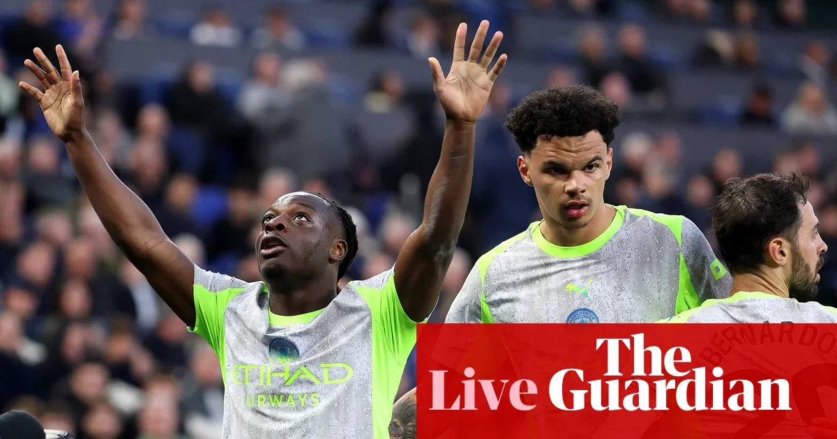 Doku’s curler gives City a halftime edge over Everton