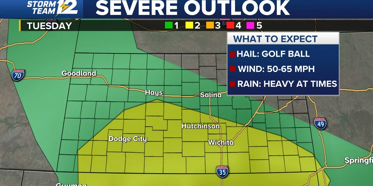 Stormy weather pattern brings severe risk to Kansas and Arkansas, varied temps and showers to Ohio.