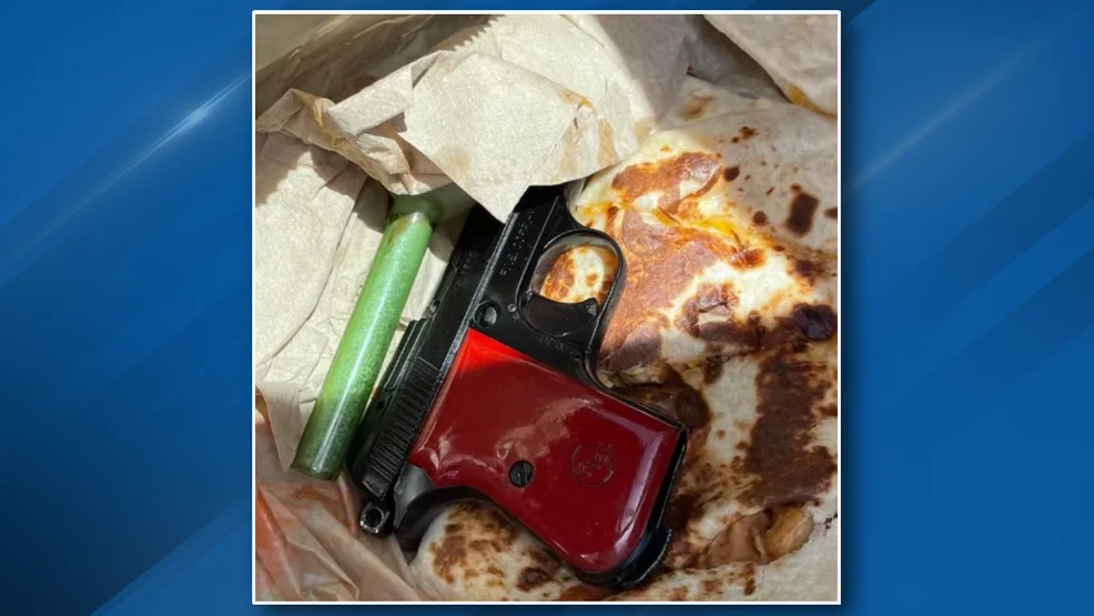 Gun discovered in quesadilla leads to man's arrest.