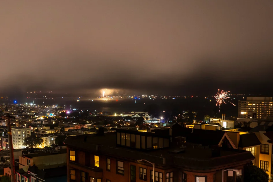 Fog Keeps SF's Golden Gate Bridge Fireworks in the Shadows