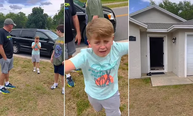 Homeless boy's tears turn to joy as family gets a home.