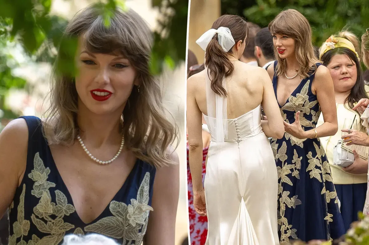 Swift stuns in navy tulle at UK wedding of studio collaborators