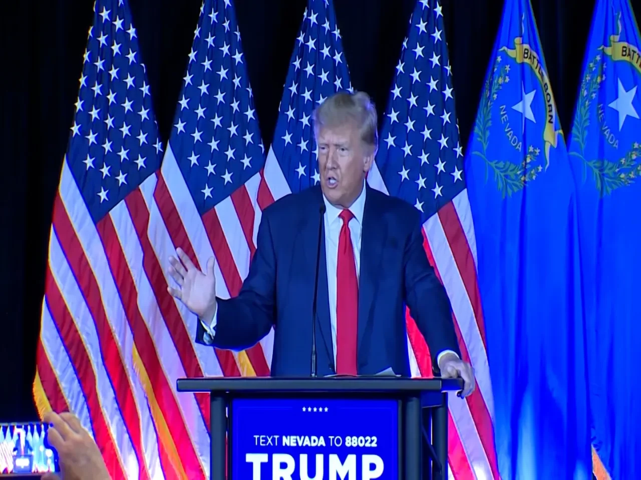"Trump Takes Aim at Biden and DeSantis in Fiery Las Vegas Speech"