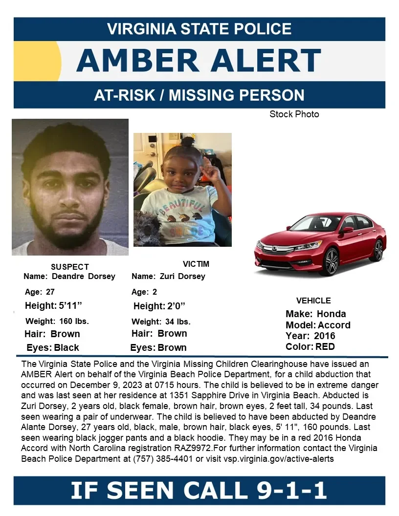 "2-Year-Old Girl Abducted in Virginia Beach, Amber Alert Issued"