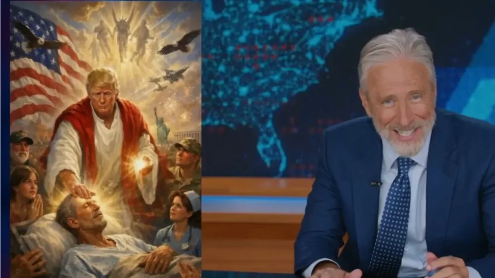 Stewart Grills Trump Over Jesus Photo and 'Me as a Doctor' Claim