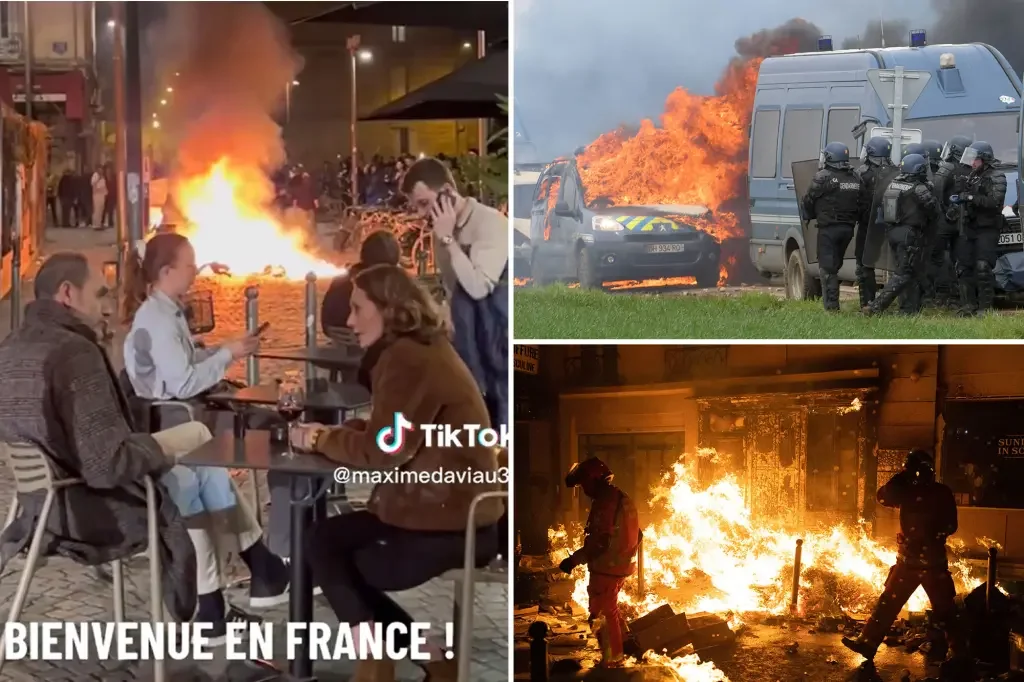 Protesters set fires as French diners enjoy wine in defiance of Macron.