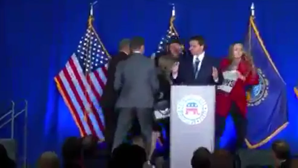 Protesters disrupt DeSantis speech at New Hampshire GOP dinner.