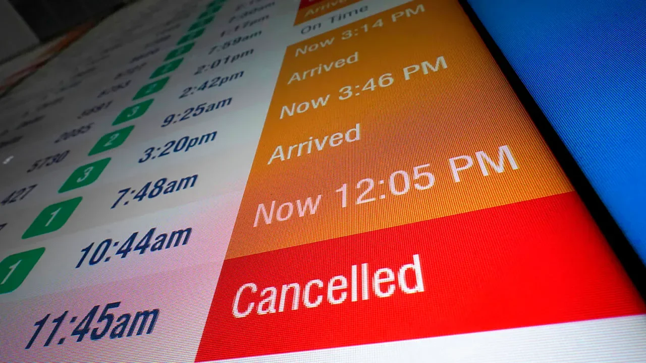 Severe weather causes widespread flight cancellations and delays.