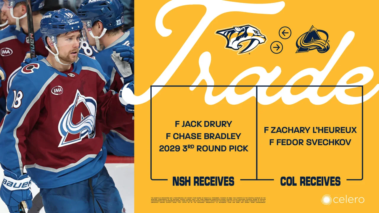 Predators Add Drury and Bradley in Avalanche Swap, Land 2029 Third-Round Pick