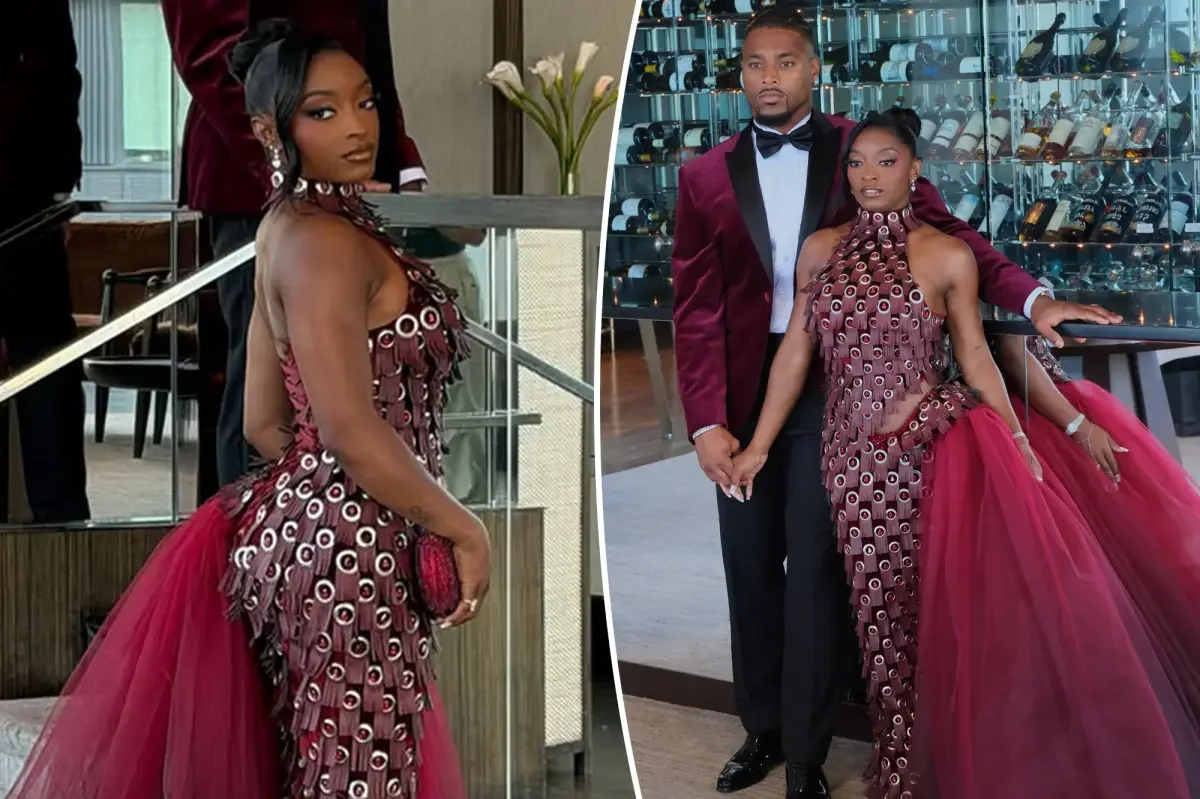 Biles Stuns at Swift-Kelce Wedding in Burgundy Leather-Gown by Đỗ Long