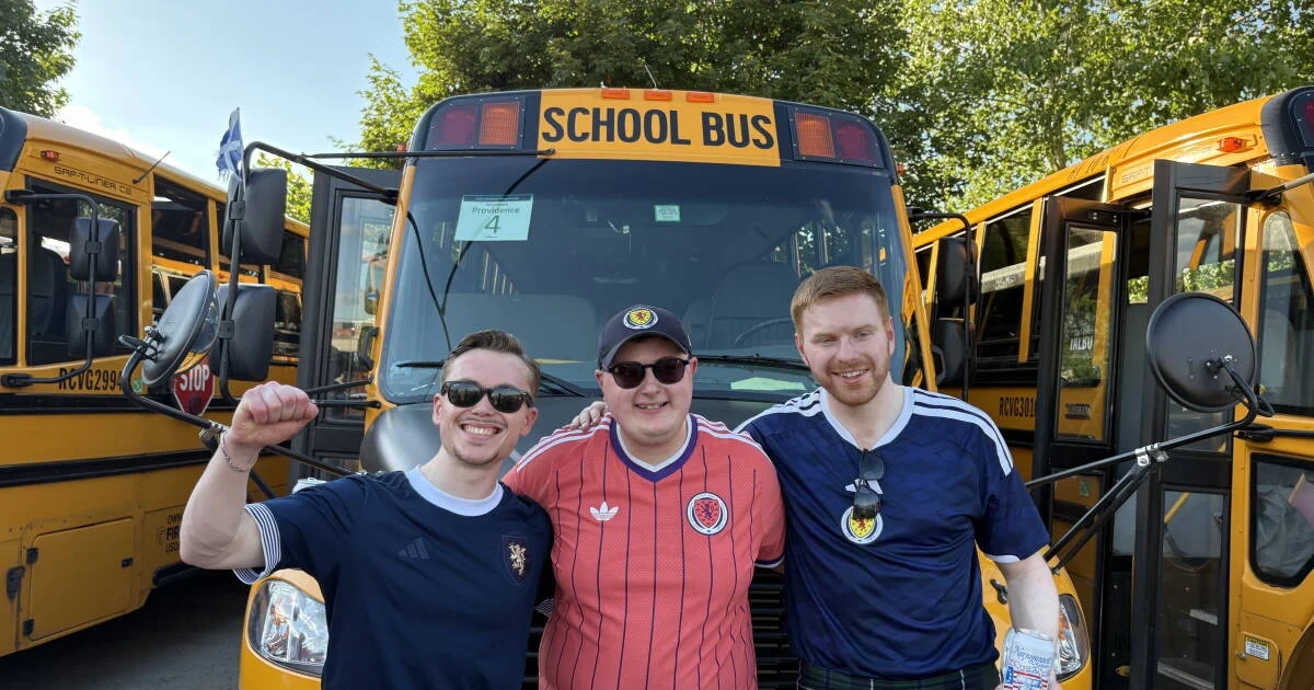 Yellow school buses spark a World Cup road party for Scotland fans in New England