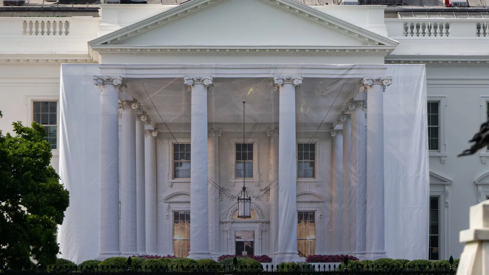 Tarps Cloak White House North Portico as Security Upgrades Move Forward