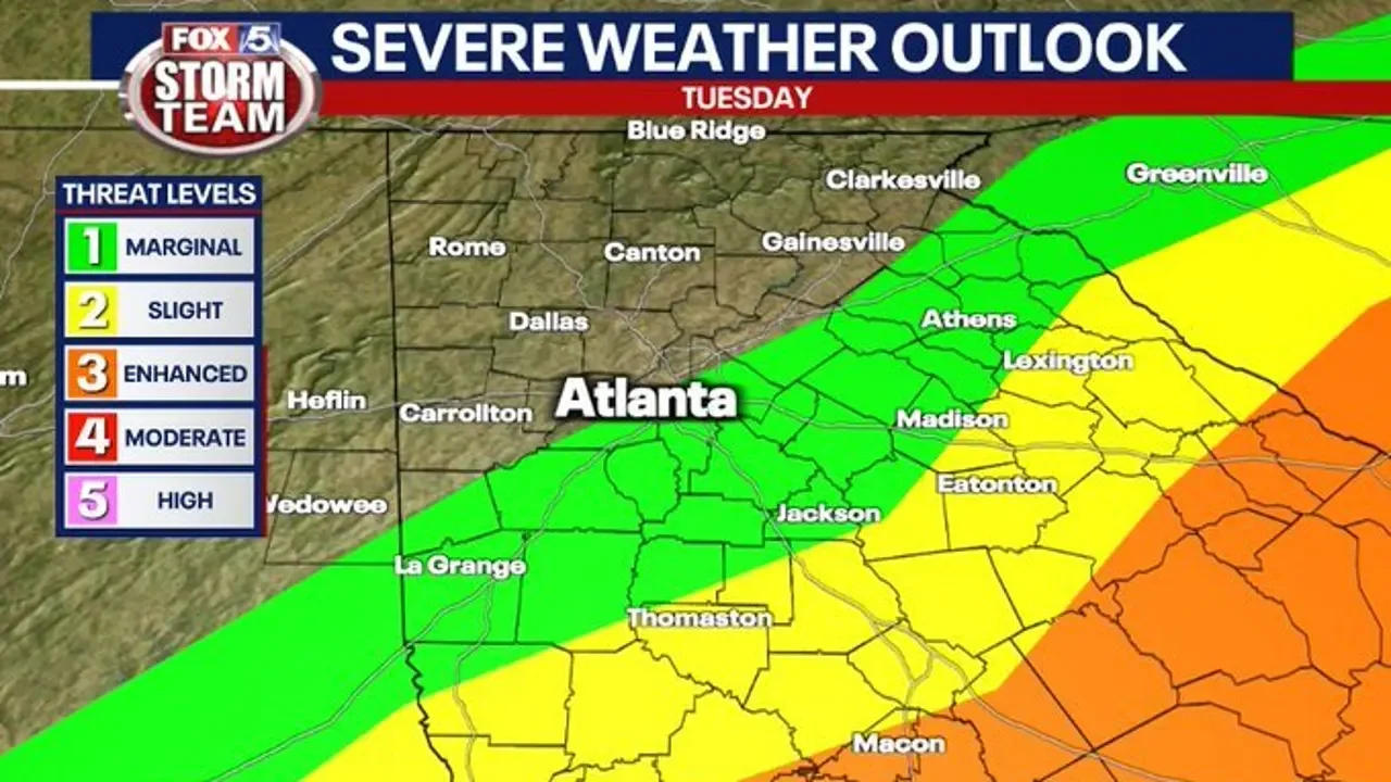"Georgia Braces for Severe Storms and Heavy Winds on Tuesday"