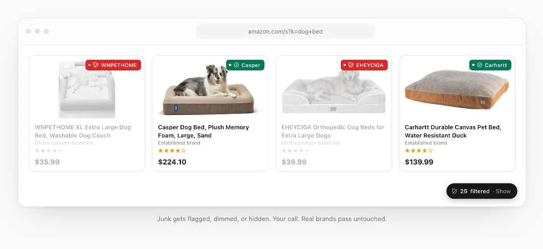 Chrome extension clears counterfeit-brand clutter from Amazon search results