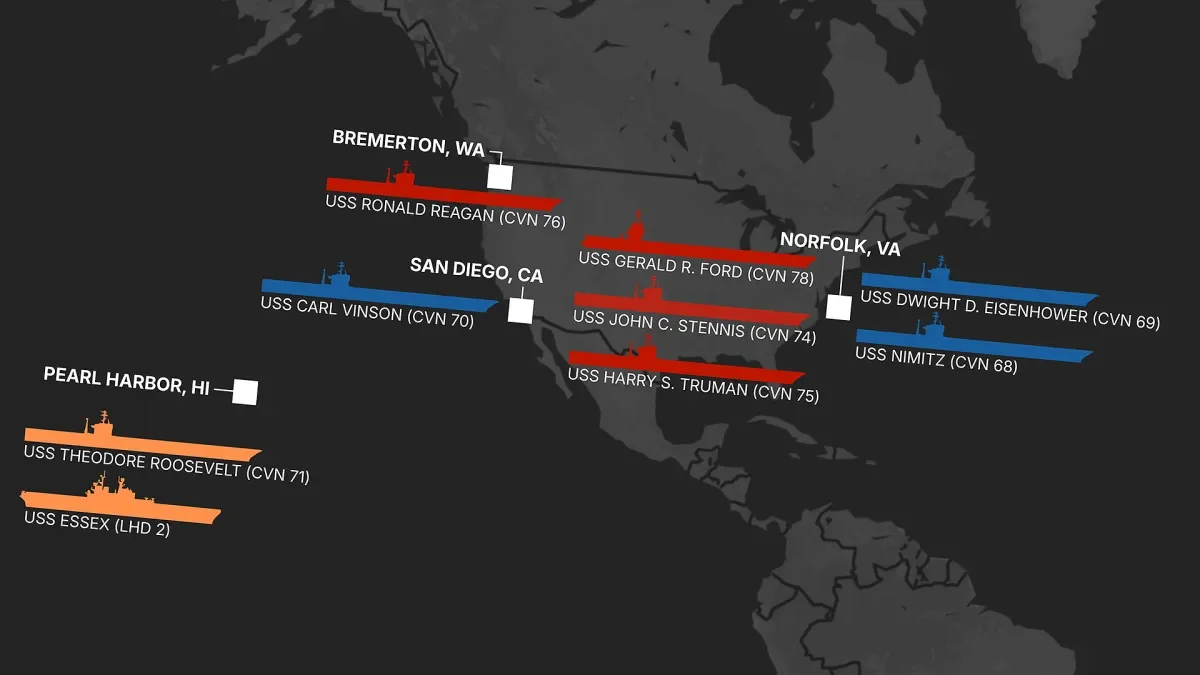 Carrier Tracker Shows Three U.S. Carriers Active as Iran Blockade Enters Week
