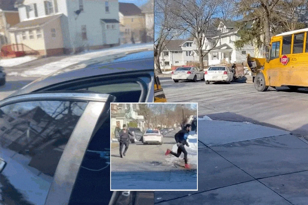Carjacking suspects collide with school bus full of children while fleeing police.