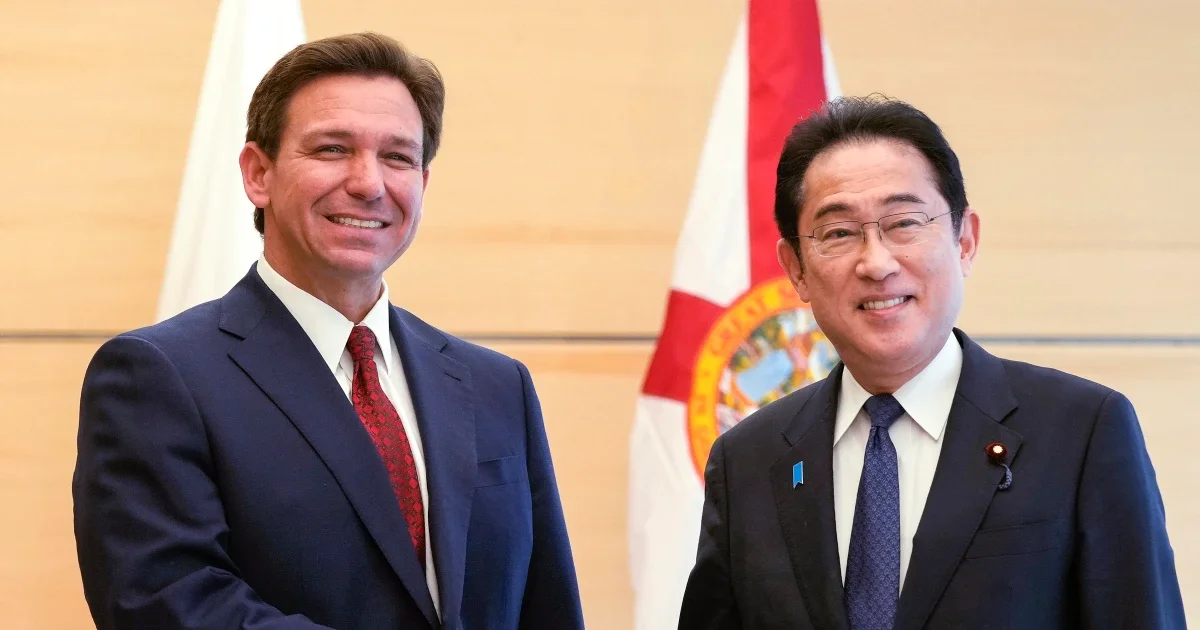 Ron DeSantis promotes military build-up and trade during overseas trip.
