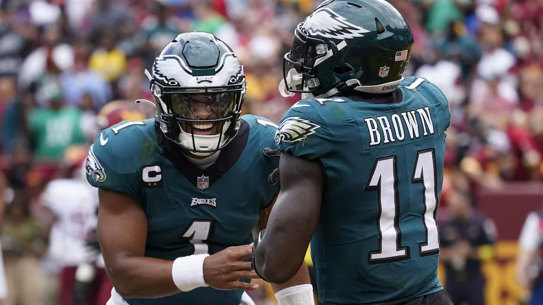 First Reconnection Since Trade: Brown and Hurts Chat at Eagles-Patriots Practice