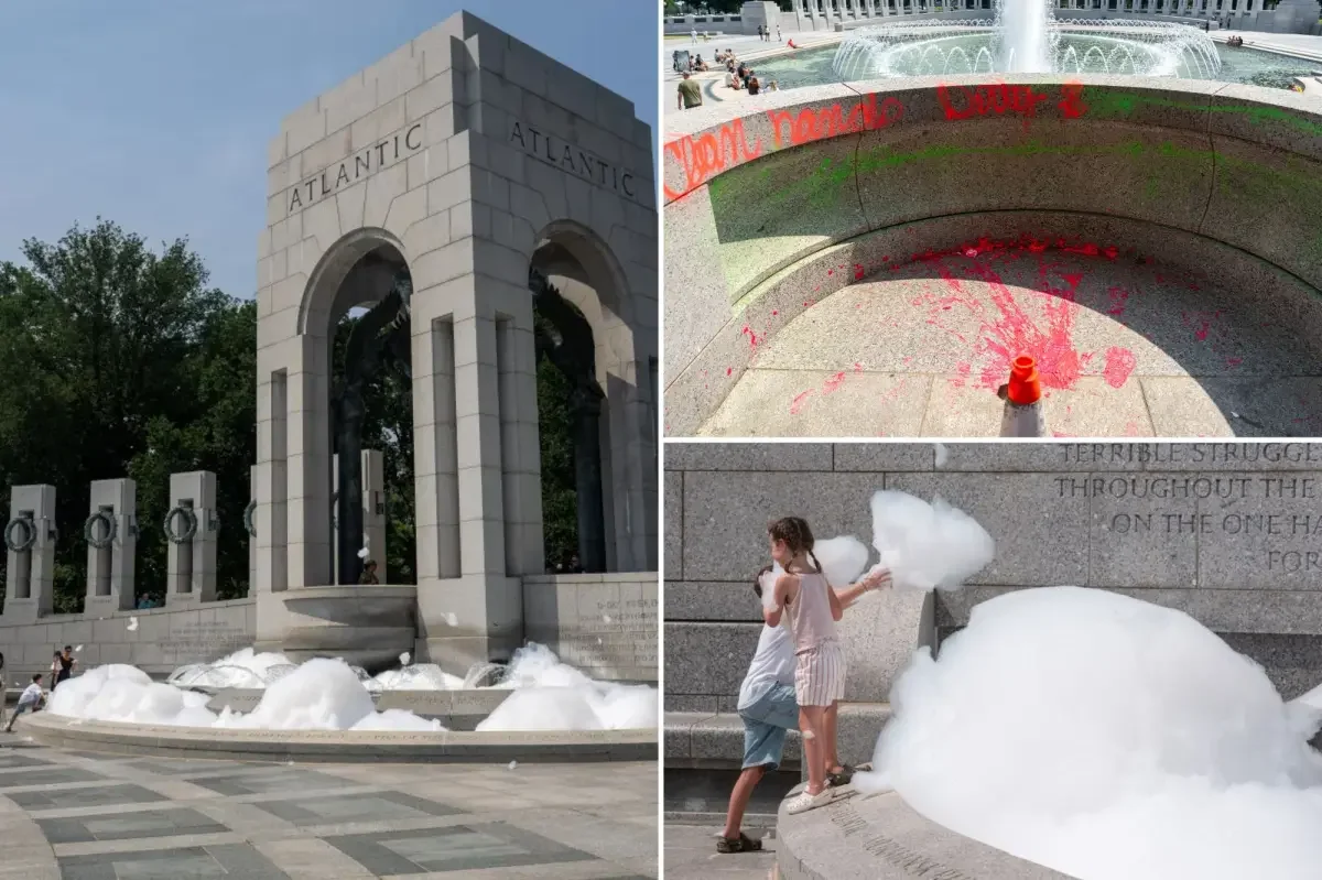 DC WWII Memorial Defaced with Bubble Soap and Red Graffiti