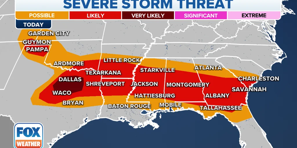 Severe storms and hail threaten southern US.