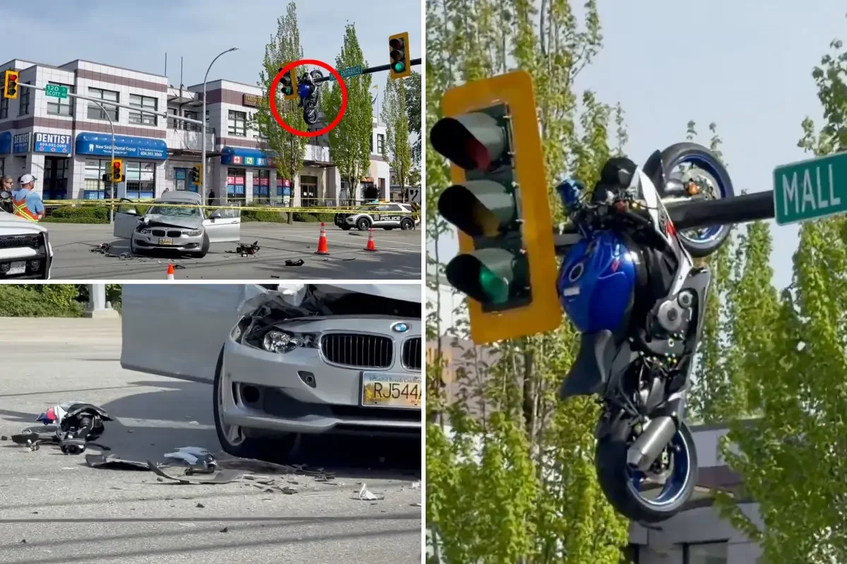 Delta crash leaves motorcycle hanging from traffic light after head-on collision