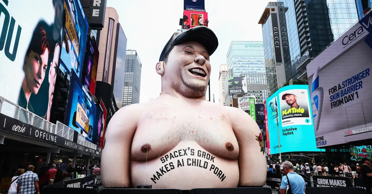 Giant Elon Musk Inflatable Sparks Times Square Protest Ahead of SpaceX IPO