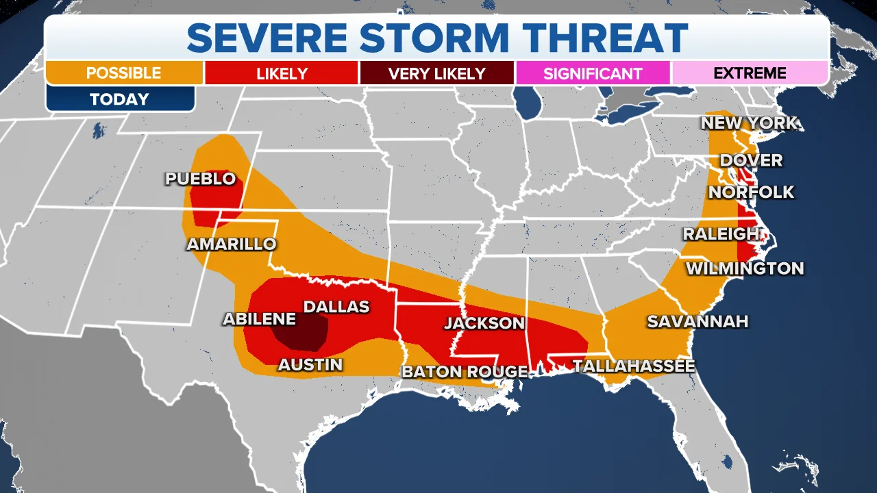 Severe storms threaten Southeast and Mid-South with hail, wind, and tornadoes.