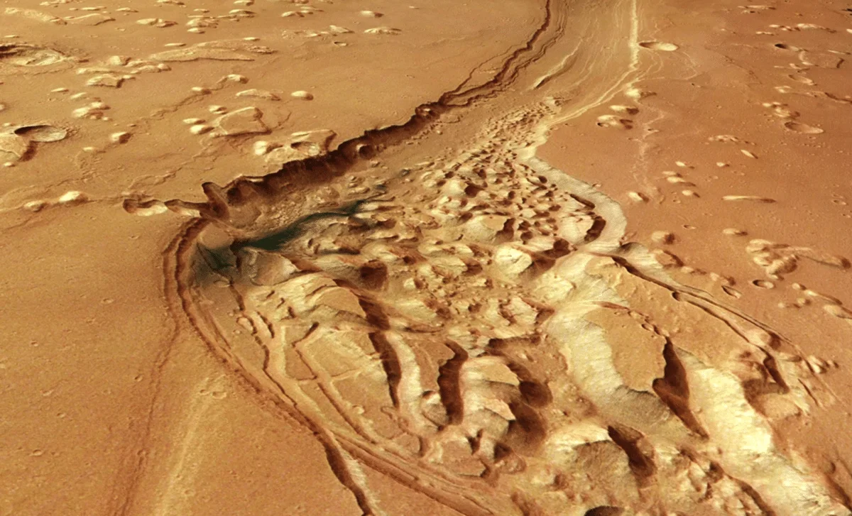 ESA Image Reveals Volcanic Ash Lining an Ancient Martian Waterway