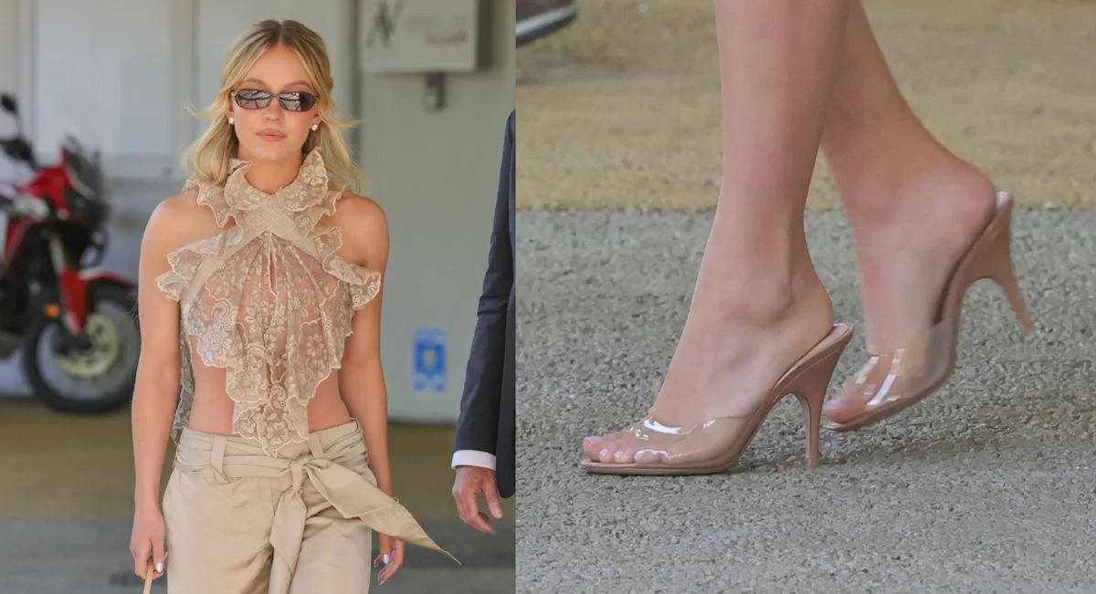 Sweeney Stuns Venice in Pink Clear-Heel Mules