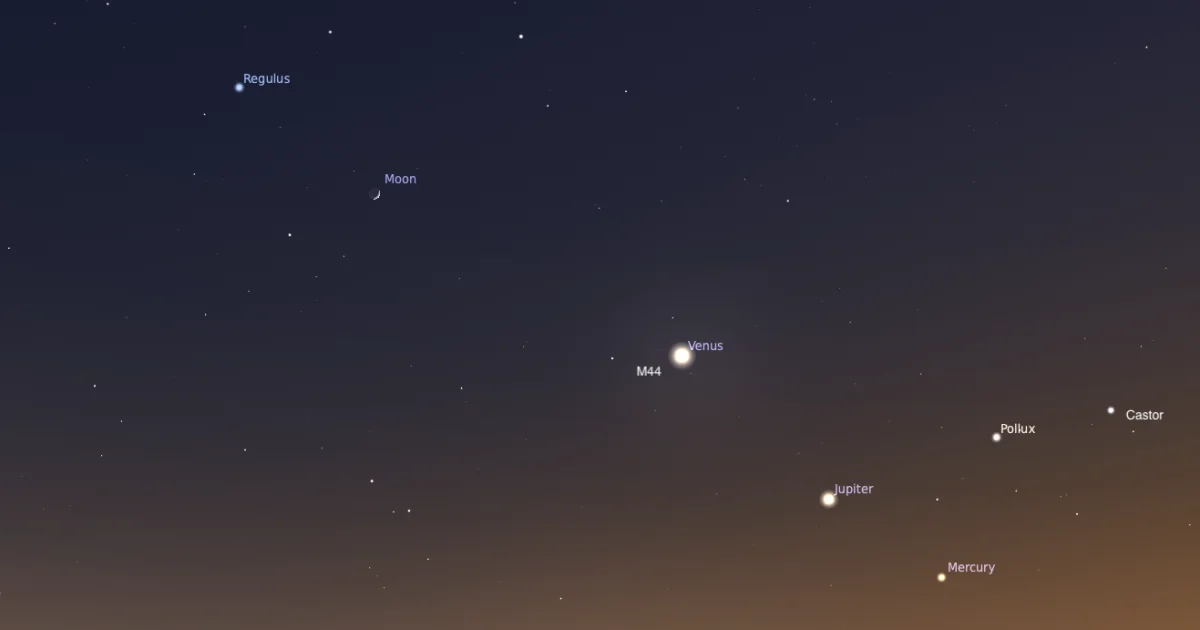 Moon in Leo’s Sickle, Venus Near Beehive; Saturn Pre-Dawn Show