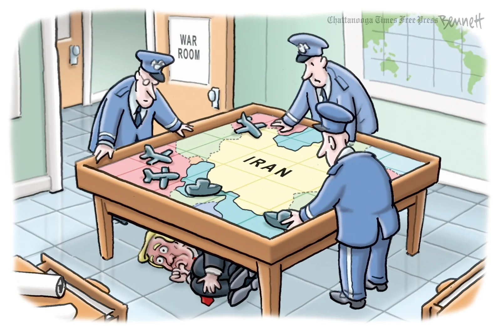 Air Force One at the center: a Clay Bennett cartoon